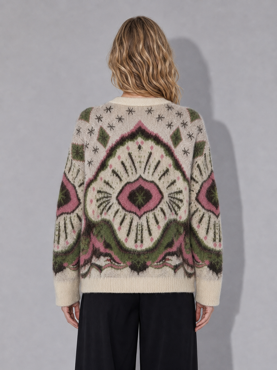 Women's vintage country-themed knit pullover sweater, casual long-sleeved loose oversized sweater