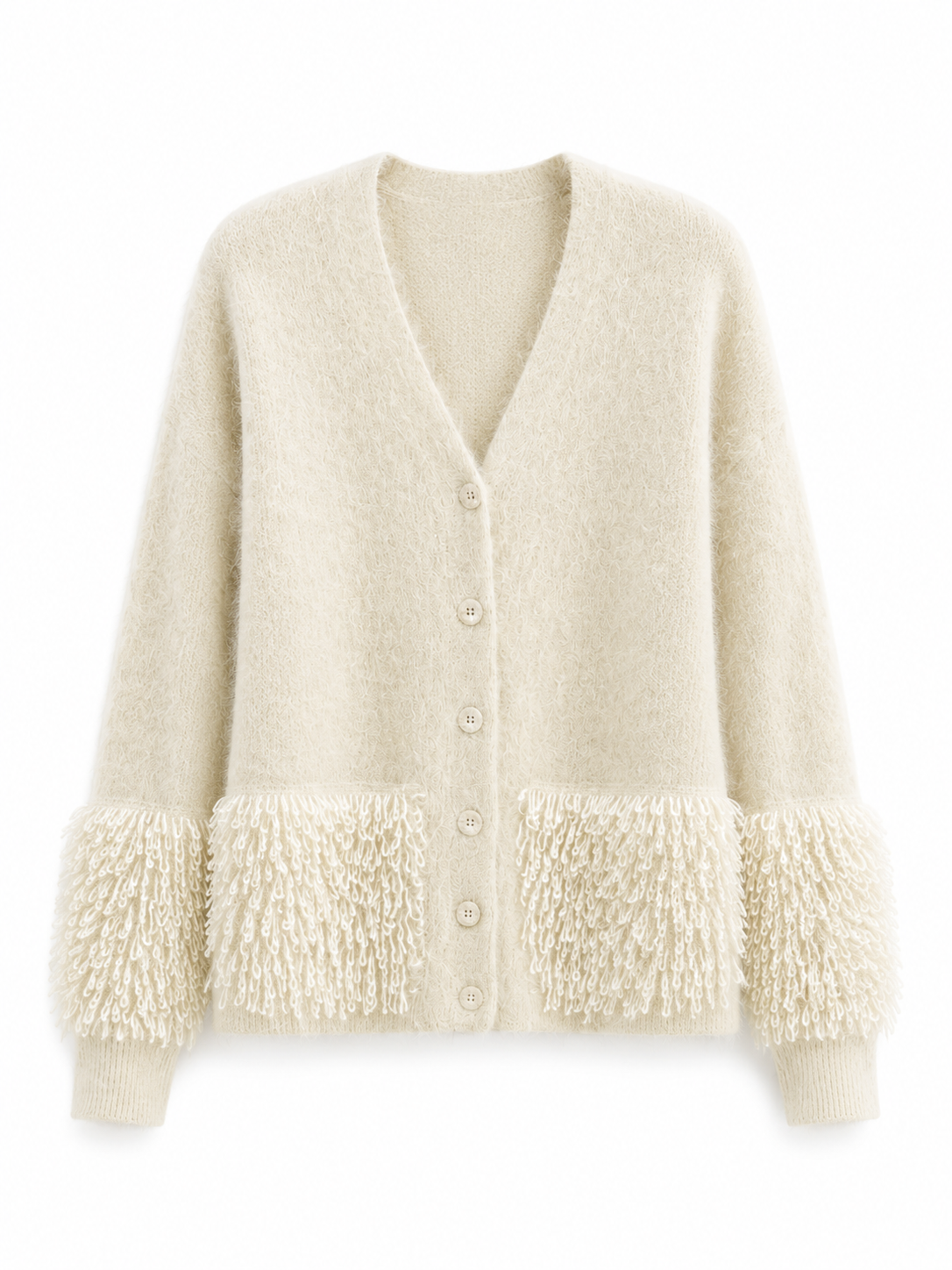 Women Wool Knit Cardigan V Neck Button Up Fuzzy Sweater Loop Fringe Pocket Cream Soft Knitwear for Autumn Winter