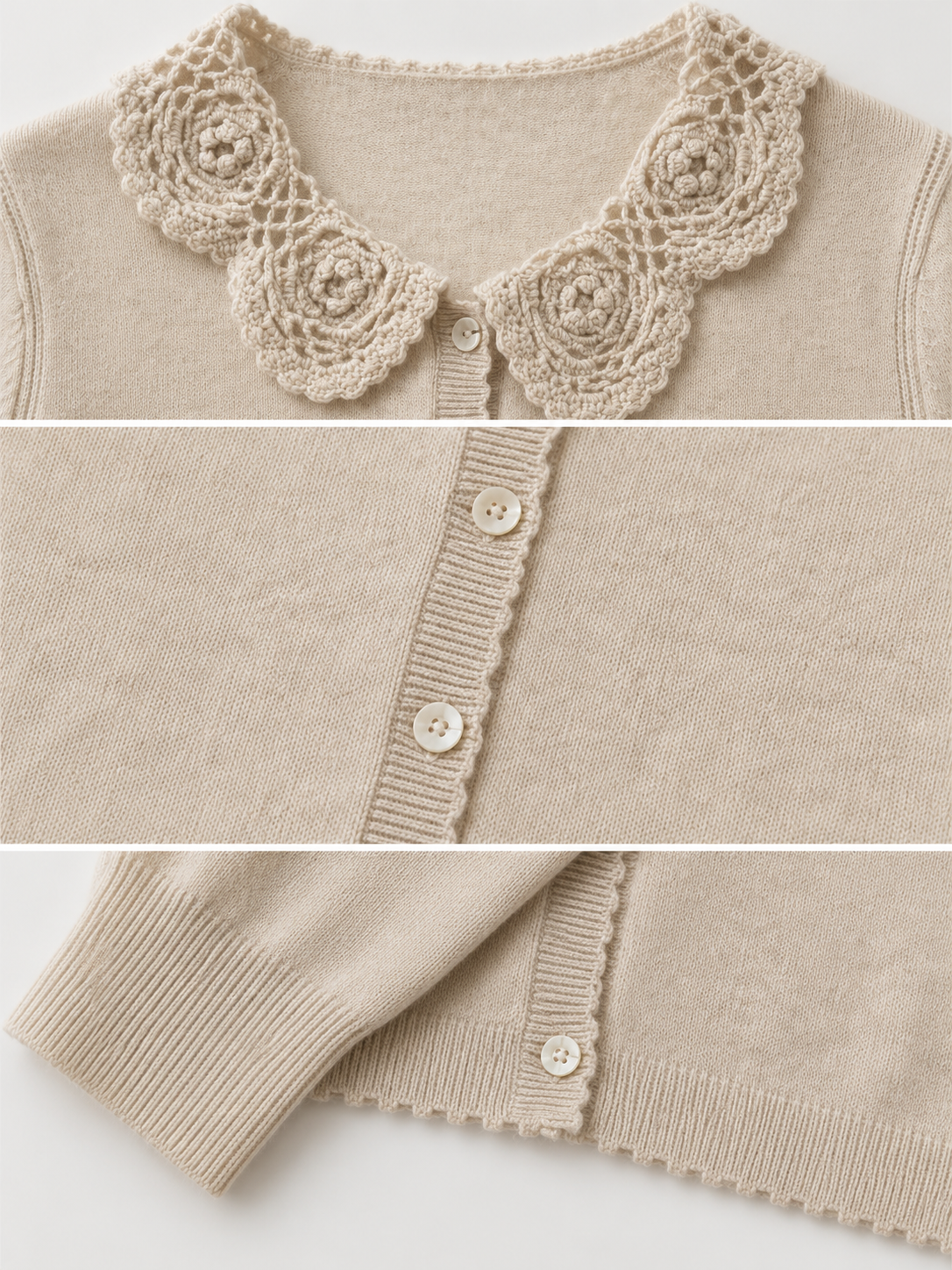 Women's dress with a babydoll collar, wool and cashmere knitted sweater with a collar, cardigan