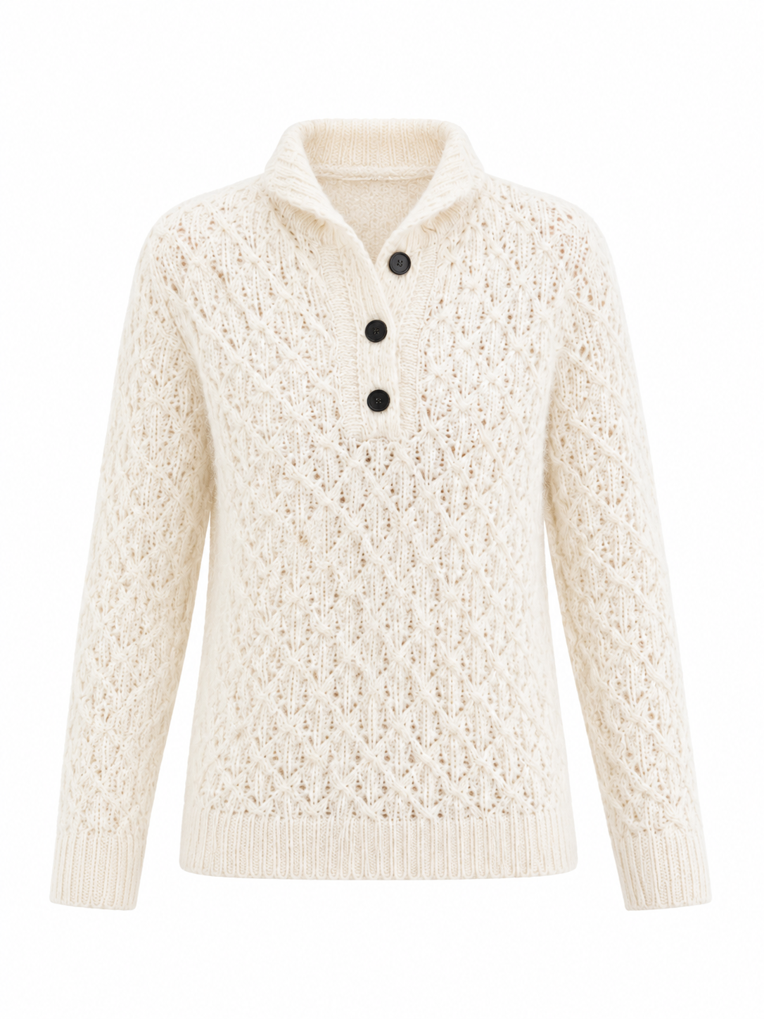 Womens Henley Cable Knit Sweater Mock Neck Button Placket Pullover Cream Chunky Ladies Jumper Autumn Winter Knitwear
