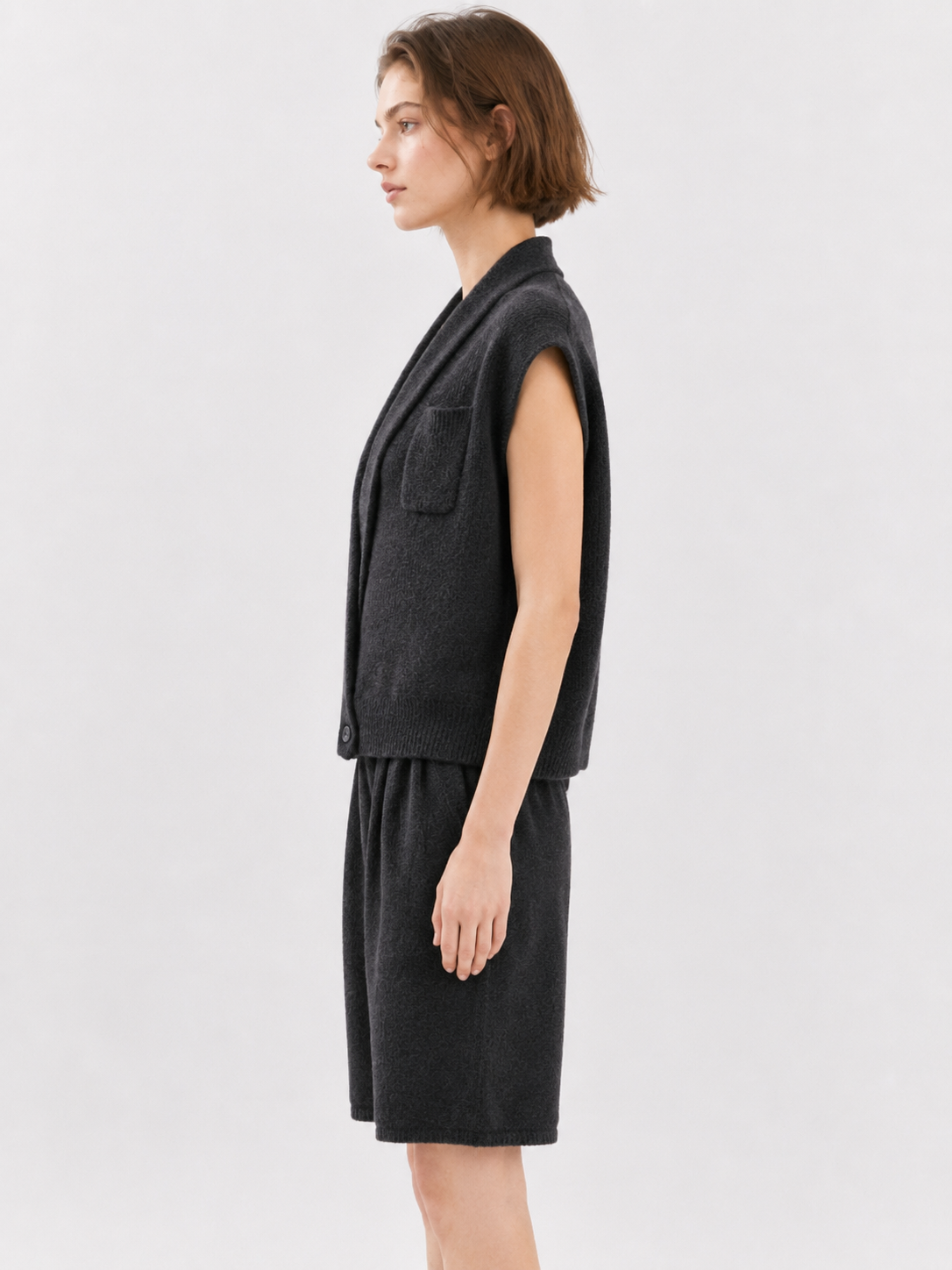 Women's Charcoal Gray Knit Two Piece Set Sleeveless Lapel Cardigan Vest and Wide Leg Shorts for Office Casual Wear