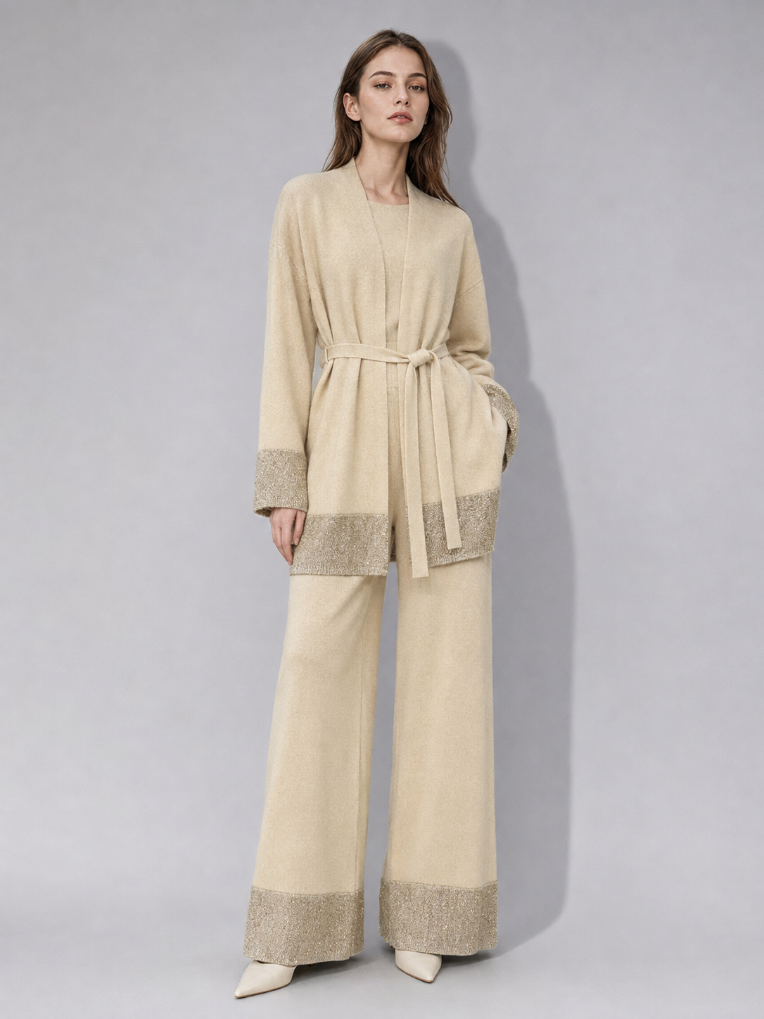 High-quality fashionable casual style solid-color knitted V-neck drawstring wool three-piece set (for ladies)