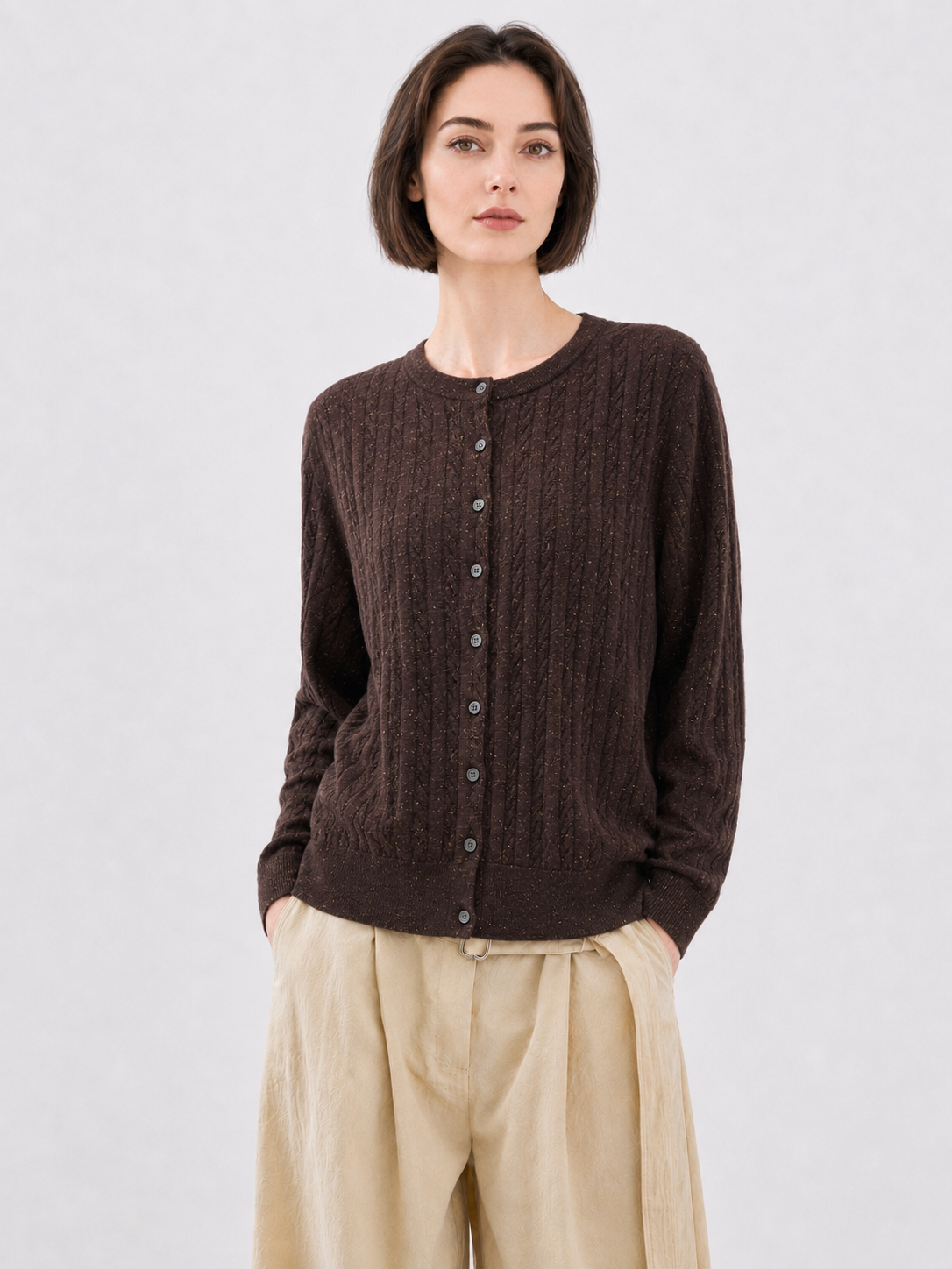 Womens Cable Knit Cardigan Long Sleeve Round Neck Button Down Sweater Ladies Slim Fit Autumn Winter Knitted Outwear Coat