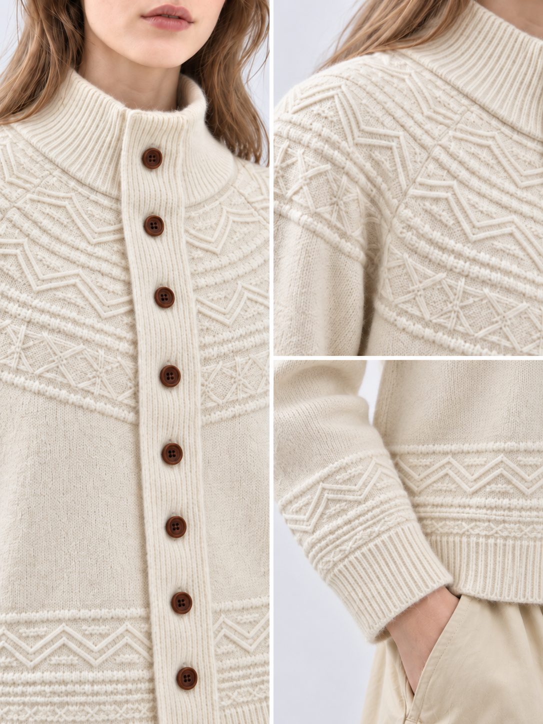 Women's Mock Neck Button Up Knit Cardigan Long Sleeve Textured Sweater Jacket with Geometric Pattern and Ribbed Trim