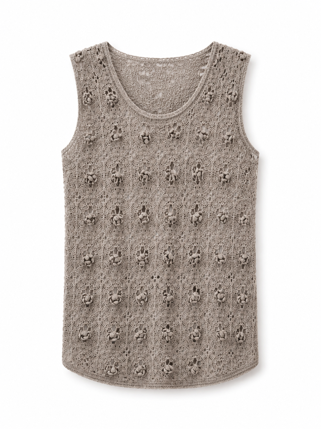 Women 3D Popcorn Bobble Knit Vest Sleeveless Round Neck Pullover Tank Top Textured Sweater Taupe Loose Layering Knitwear