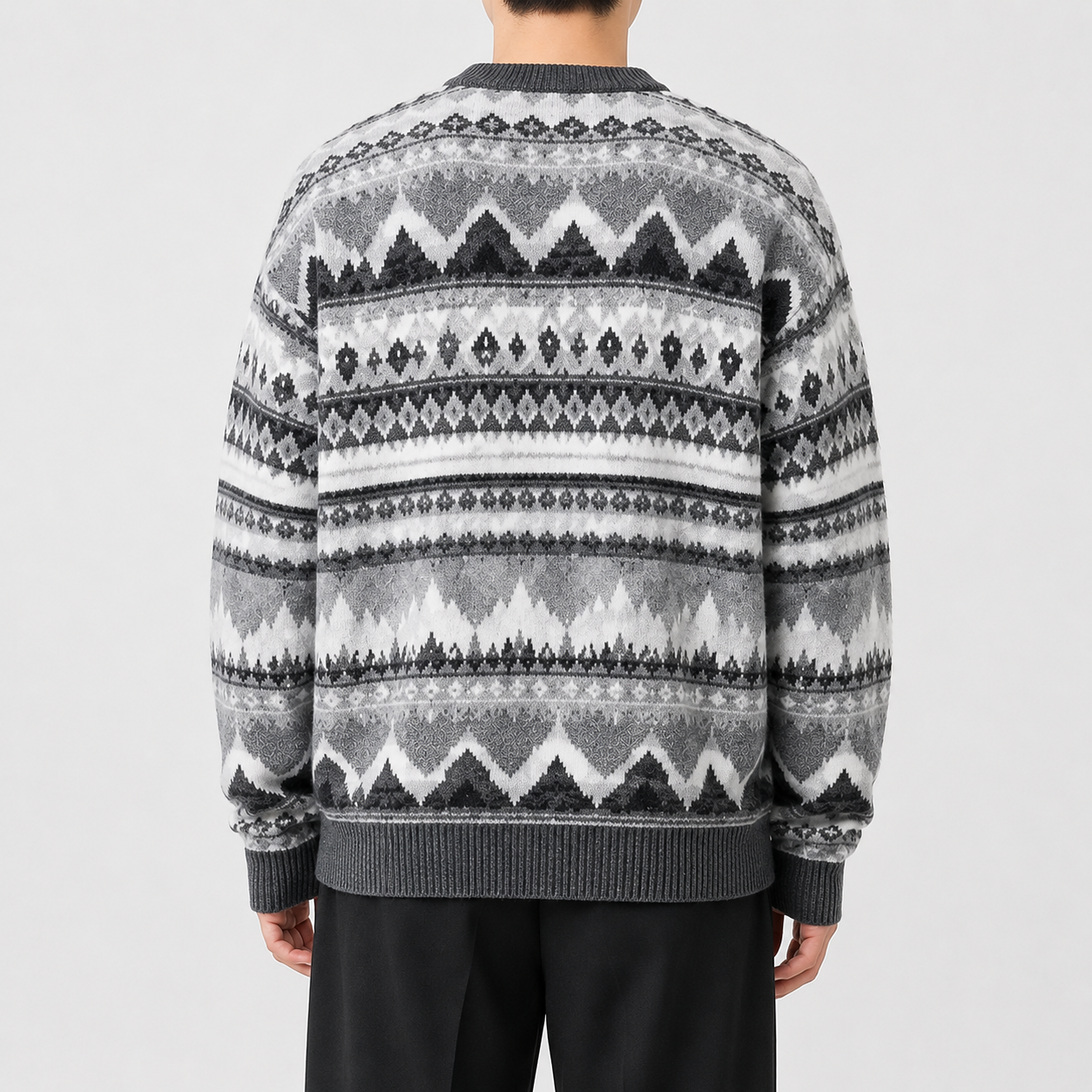 Custom Men's Jacquard Knit Sweater Nordic Pattern Pullover Crew Neck Winter Wool Knitwear OEM ODM Manufacturer