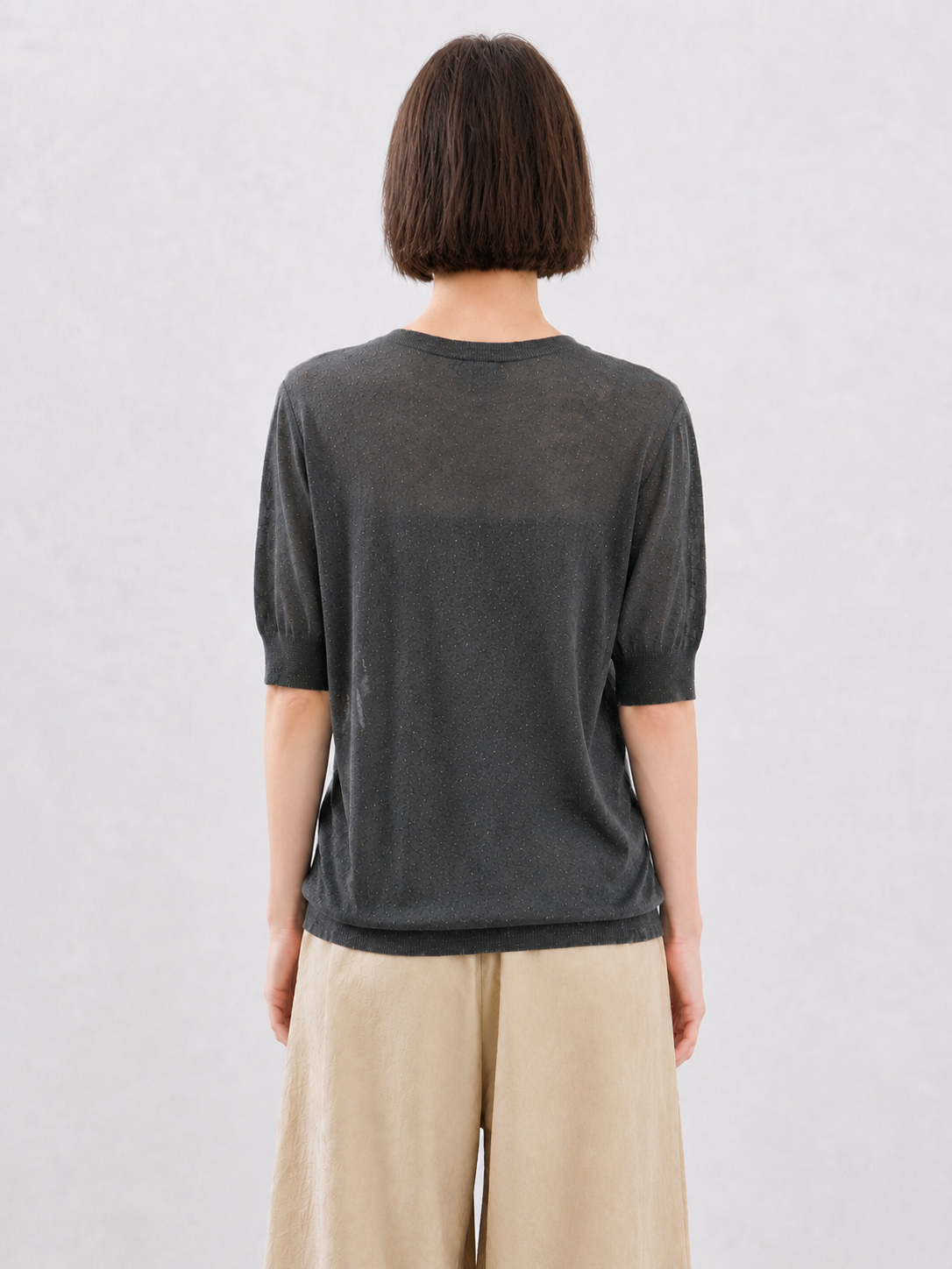 Womens Semi Sheer Knit Top Short Puff Sleeve Round Neck Thin Lightweight Summer Sweater Ladies Casual Pullover Knitwear
