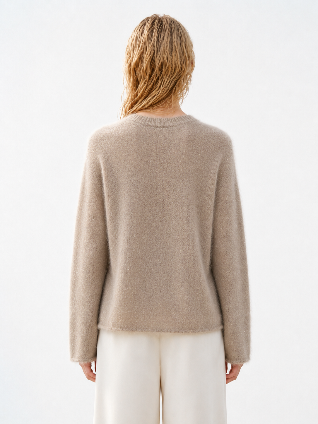 Women Fuzzy Knit Sweater Crew Neck Mohair Blend Pullover Ladies Oatmeal Beige Jumper Soft Hairy Autumn Winter Knitwear