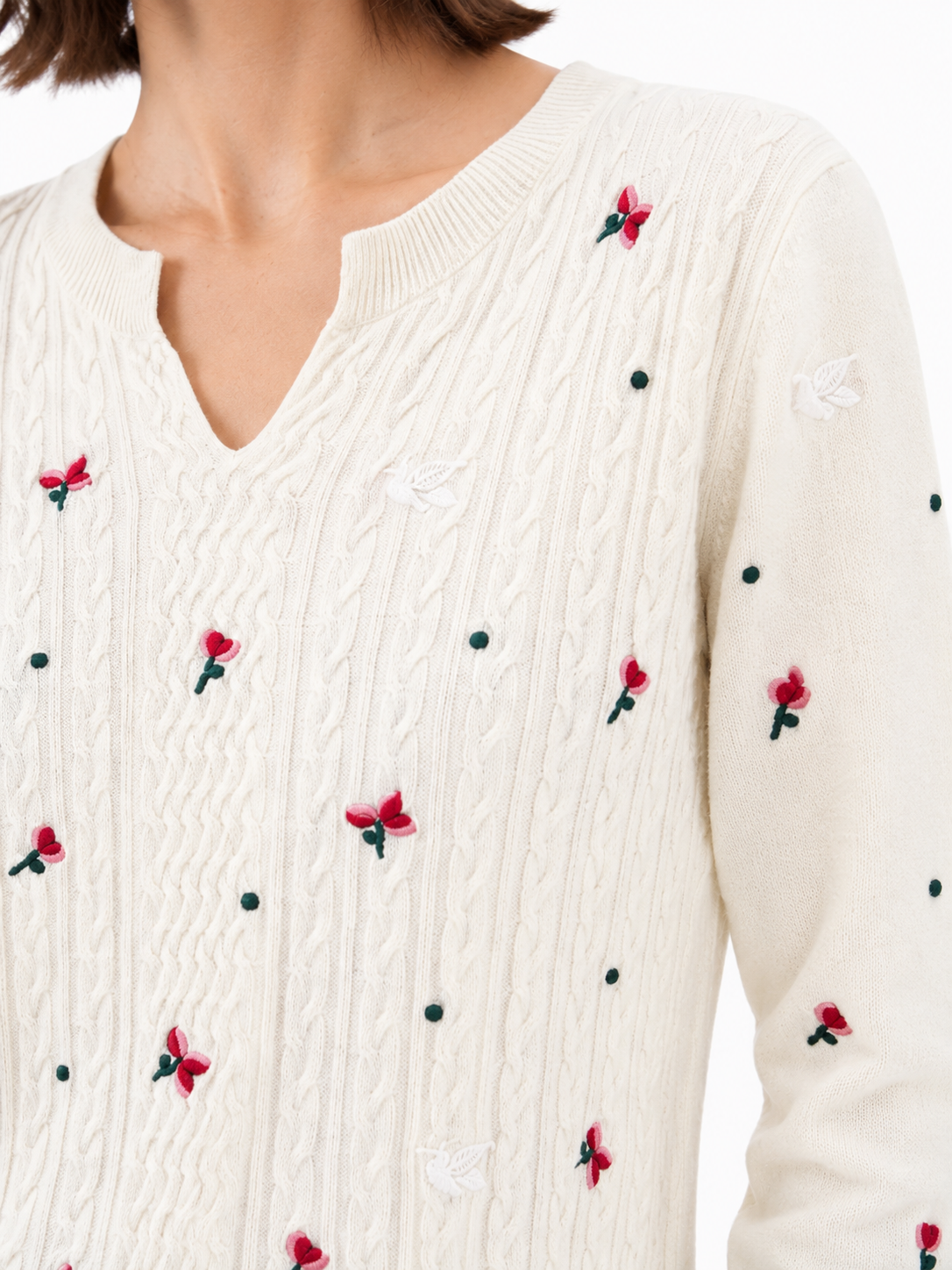Womens Floral Embroidered Cable Knit Sweater Notch V Neck Pullover Ivory Ladies Jumper Autumn Winter Knitwear Top