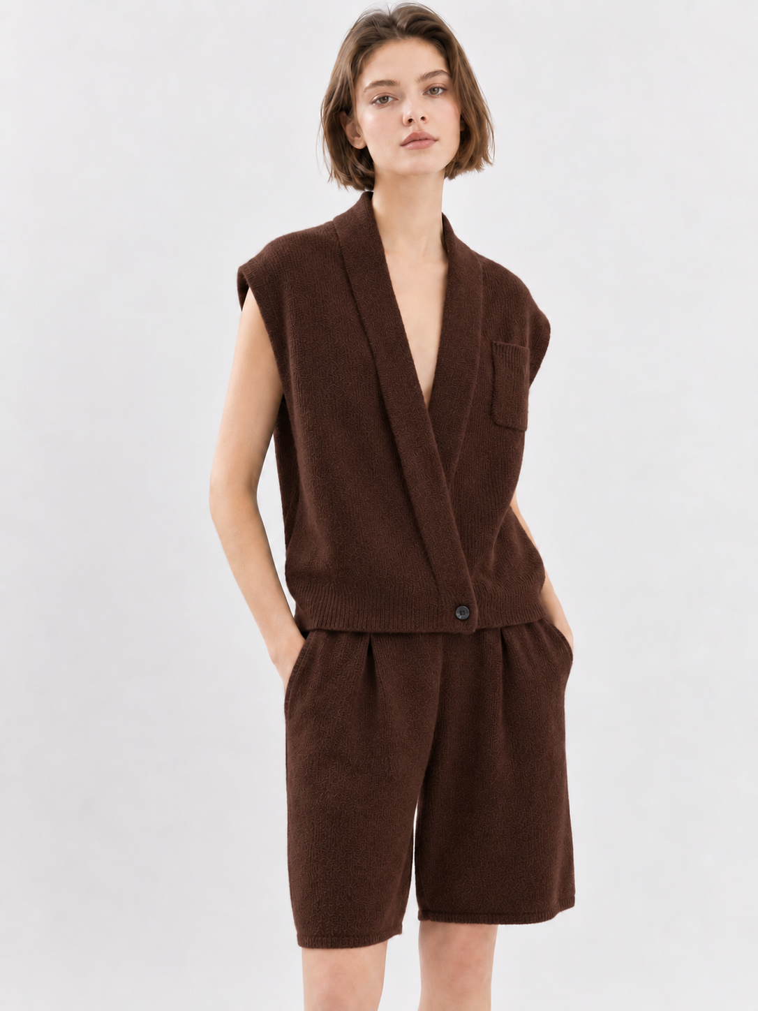 Women's Charcoal Gray Knit Two Piece Set Sleeveless Lapel Cardigan Vest and Wide Leg Shorts for Office Casual Wear