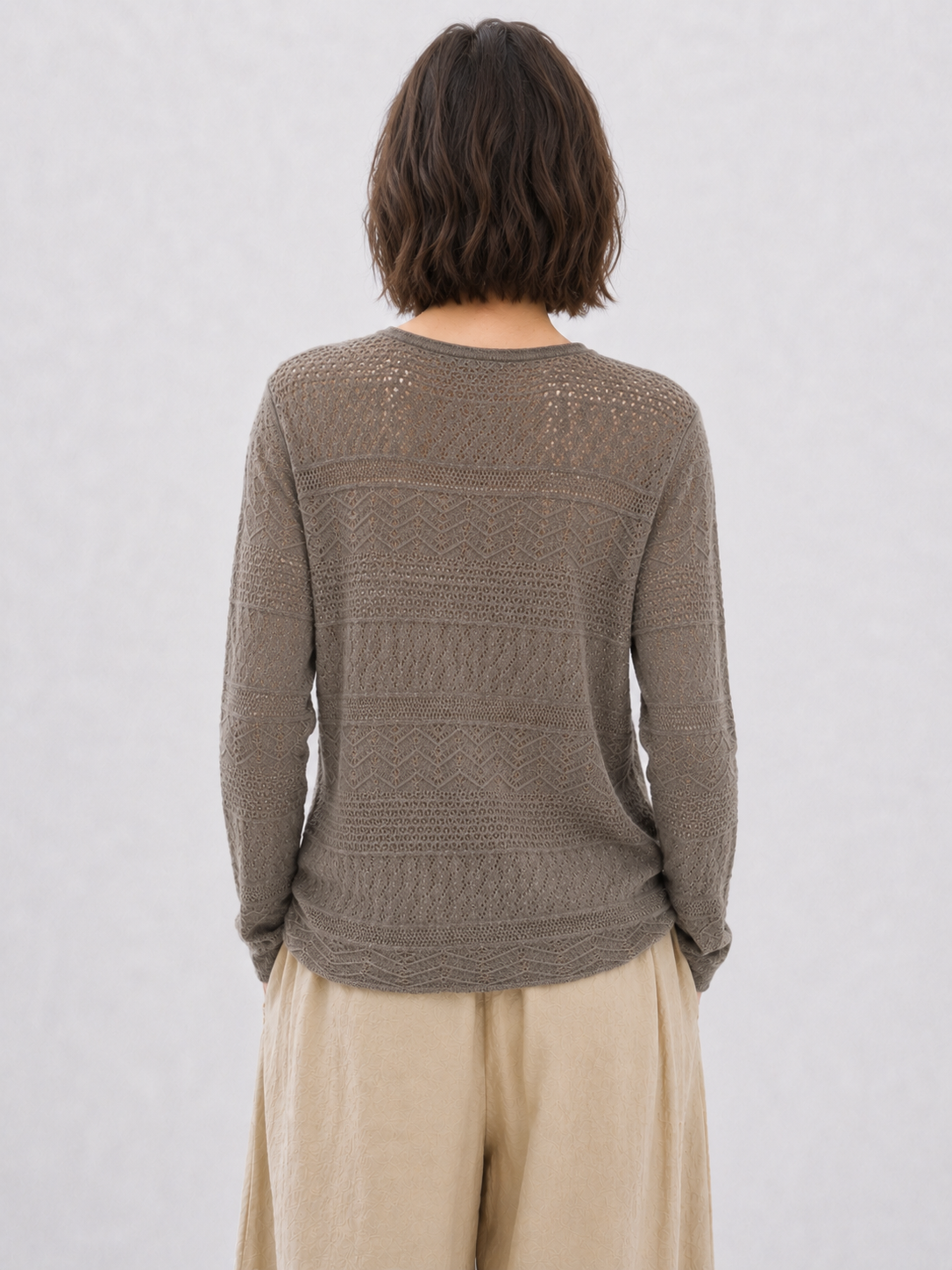 Womens Crew Neck Pointelle Knit Sweater Loose Pullover Taupe Lightweight Openwork Ladies Jumper Spring Autumn Knitwear