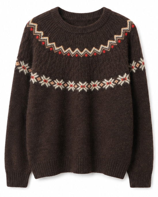 Women Fair Isle Sweater Beige Diamond Jacquard Cable Knit Yoke Pullover Ladies Crew Neck Oatmeal Jumper Winter Knitwear