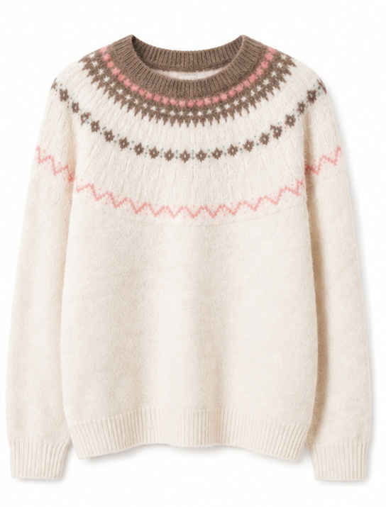 Women Fair Isle Sweater Nordic Jacquard Yoke Knit Pullover Ladies Crew Neck Fuzzy Jumper Grey Winter Knitwear