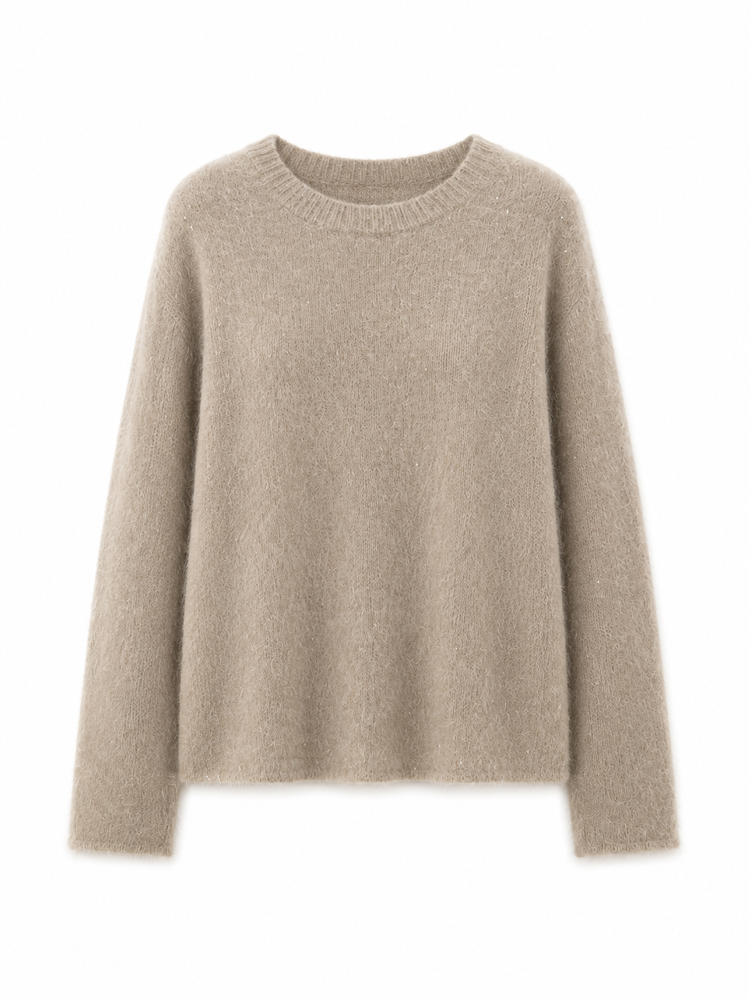 Women Fuzzy Knit Sweater Crew Neck Mohair Blend Pullover Ladies Oatmeal Beige Jumper Soft Hairy Autumn Winter Knitwear