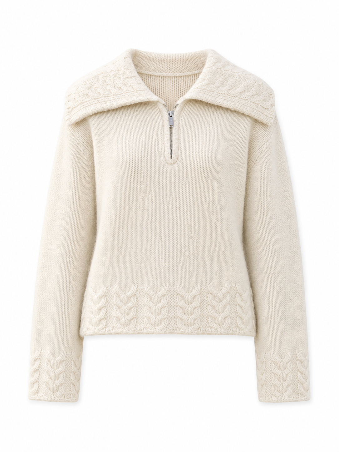 Women Half Zip Cable Knit Sweater Oversized Lapel Collar Pullover Ladies Knitted Jumper Solid Cream Winter Knitwear