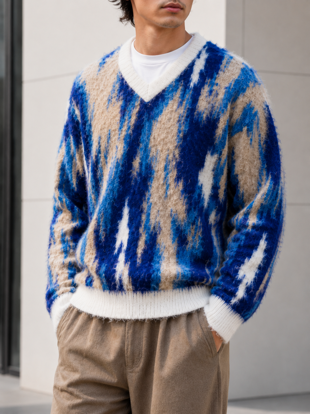 Wholesale Custom Knitted Faux Mohair Oversized Pullover Sweater Cotton Streetwear Jacquard Knit for Polo Tops for Winter Season
