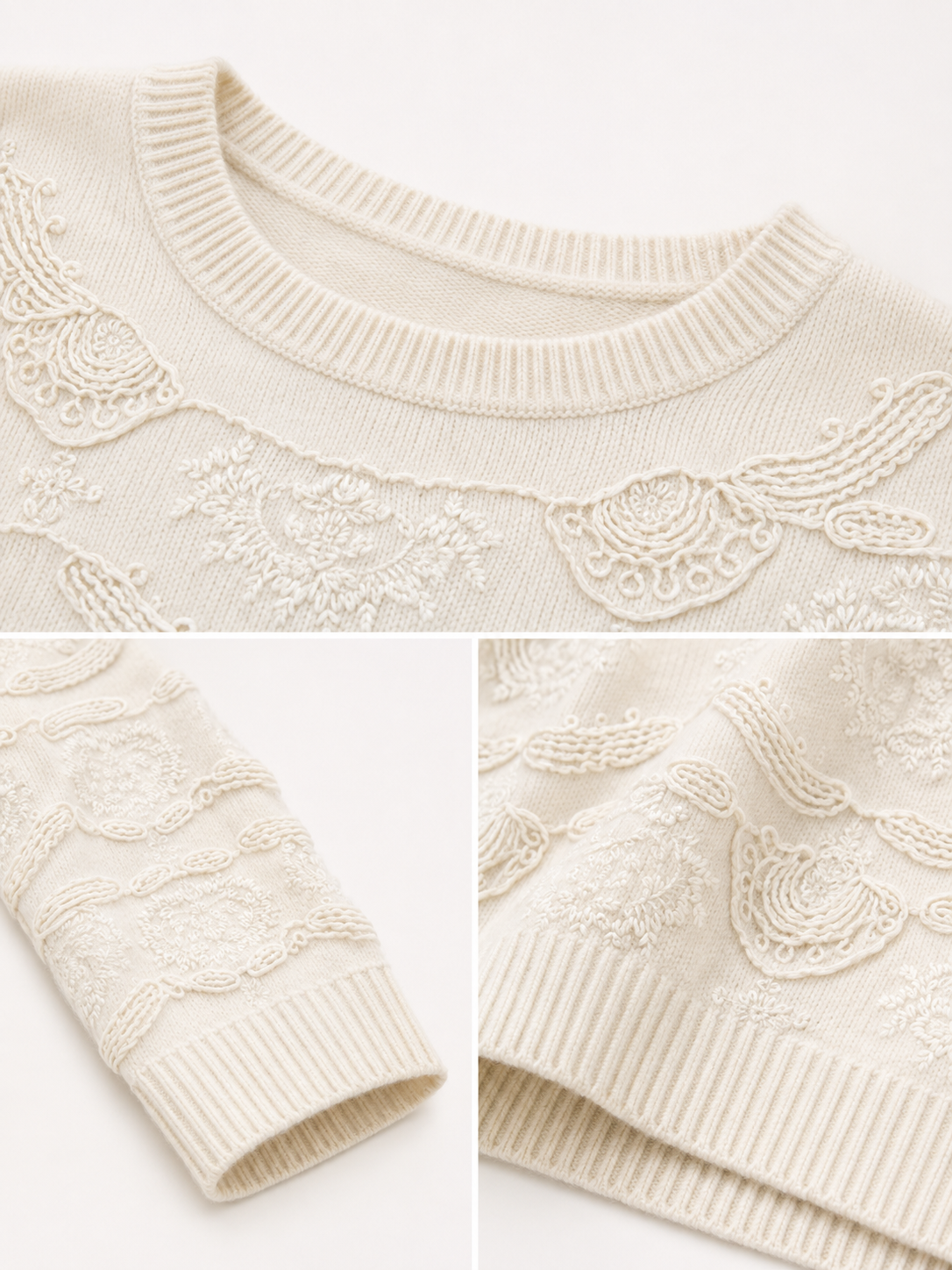 Womens Textured Wave Pointelle Knit Sweater Crew Neck Pullover Ivory Loose Fit Ladies Jumper Autumn Winter Knitwear