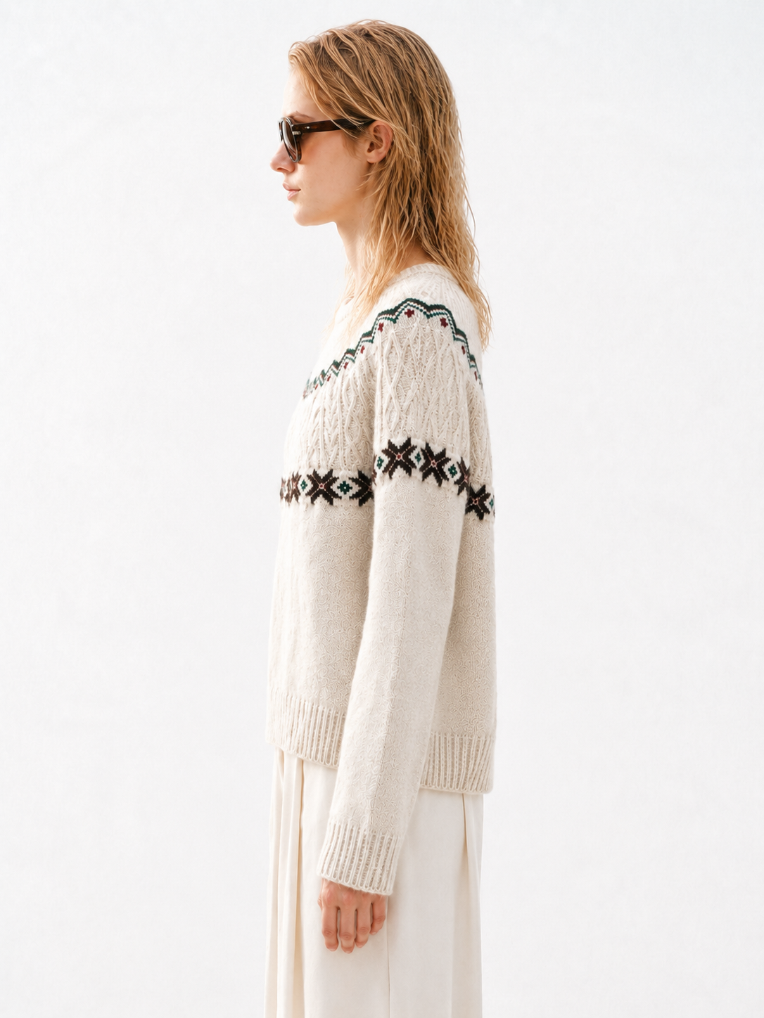 Women Fair Isle Sweater Beige Diamond Jacquard Cable Knit Yoke Pullover Ladies Crew Neck Oatmeal Jumper Winter Knitwear