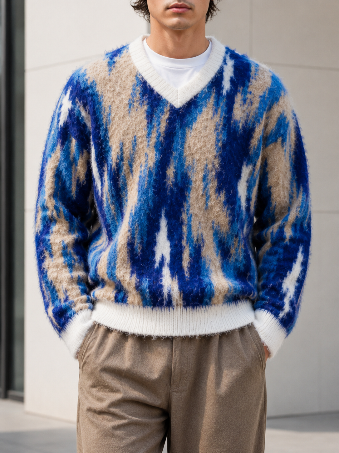 Wholesale Custom Knitted Faux Mohair Oversized Pullover Sweater Cotton Streetwear Jacquard Knit for Polo Tops for Winter Season