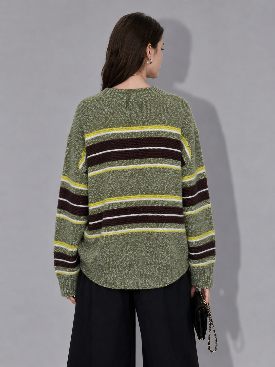 Luxury Wool Striped Sweater – Olive Green Vintage Knit Pullover with Retro Contrast Details	