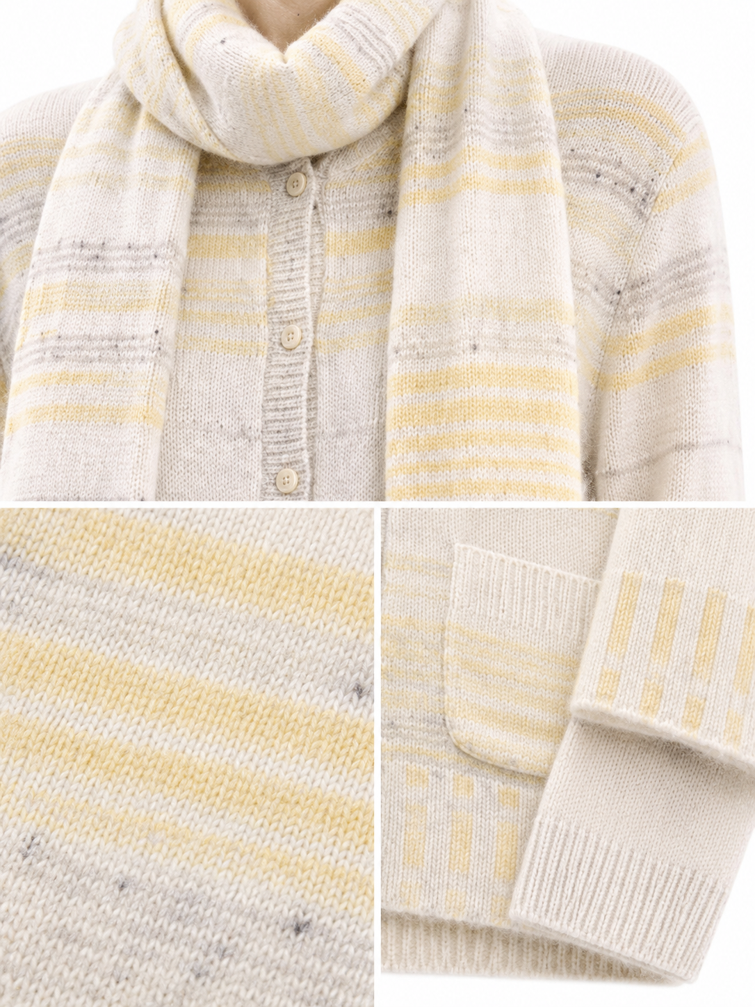 Women Knit Cardigan Set Striped Fuzzy Mohair Sweater Jacket with Matching Scarf Yellow Soft Knitwear for Autumn