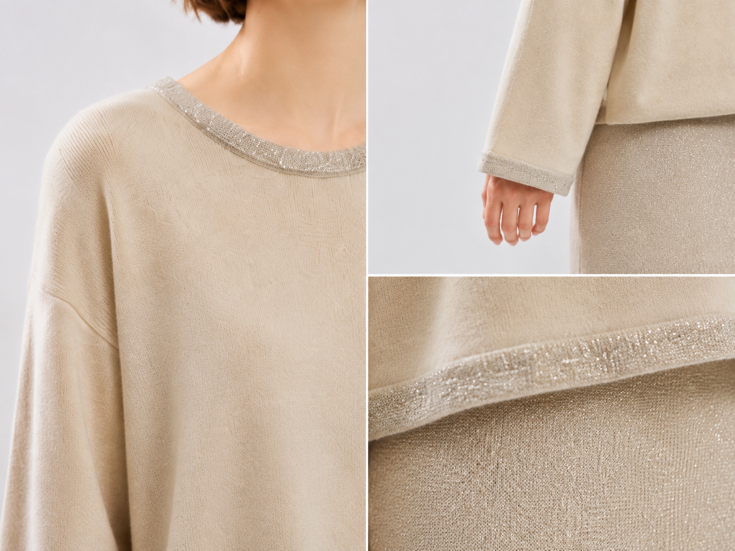 Shimmer Lurex Knit Two Piece Set Women Beige Crew Neck Sweater Maxi Skirt Elegant Modest Quiet Luxury Outfit Suit