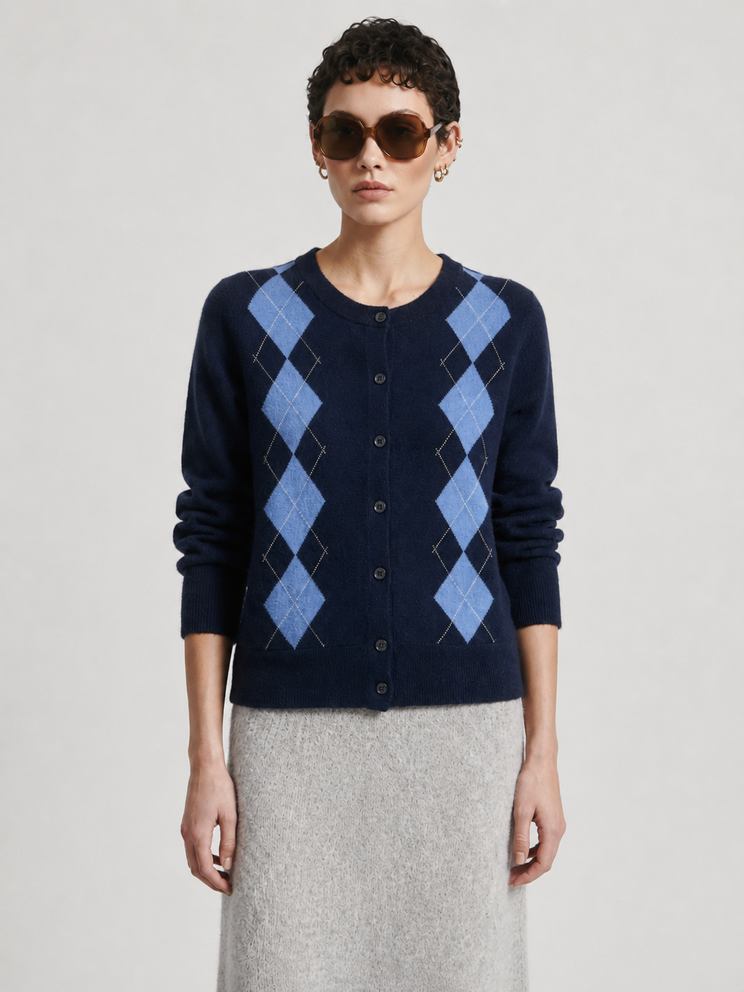 Women's Argyle Pattern Knit Cardigan Cashmere Wool Blend Autumn Winter Casual Office Outerwear