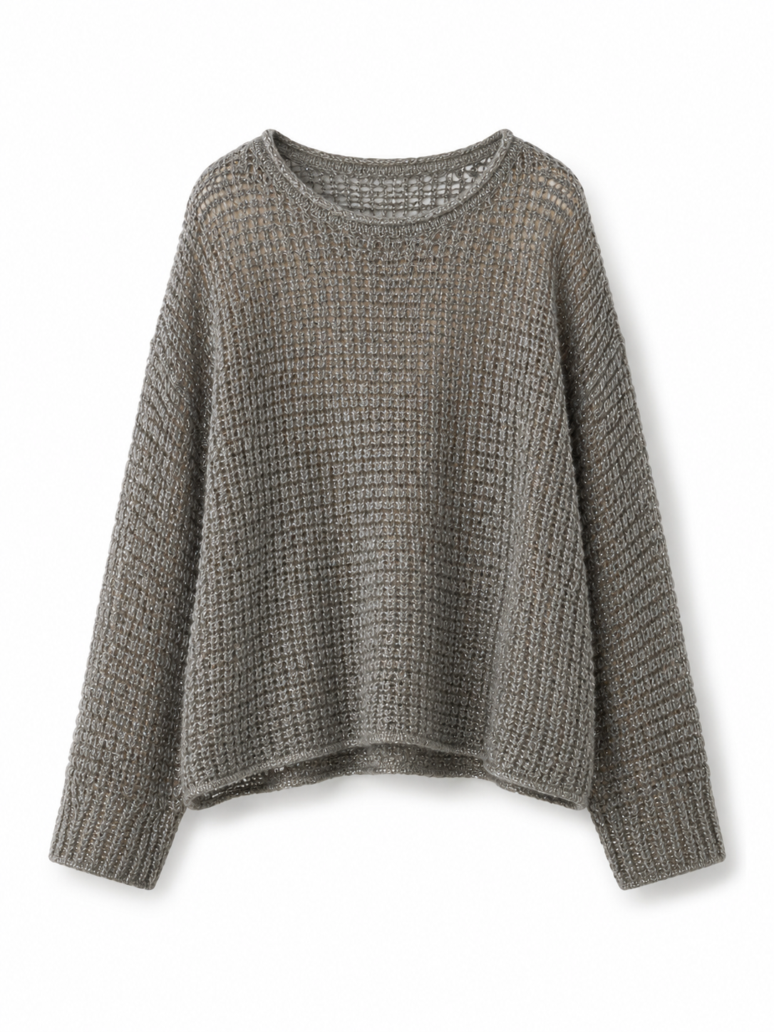 Luxury Wool Open Knit Sweater – Lightweight Grey Mesh Pullover with Relaxed Fit	