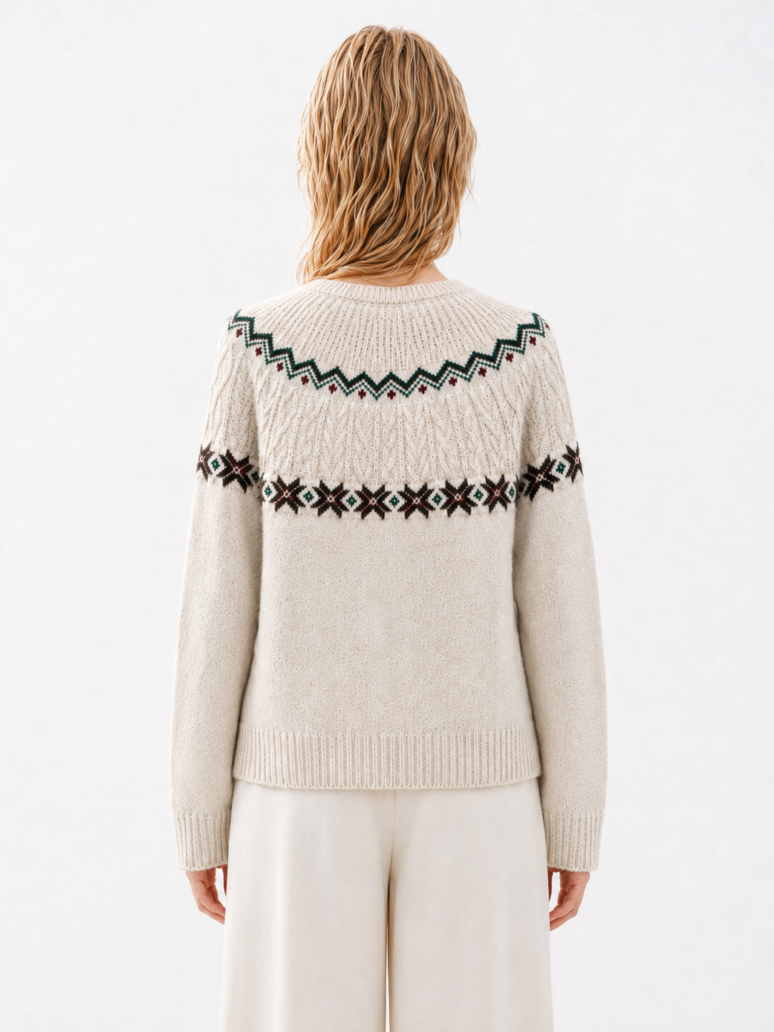 Women Fair Isle Sweater Beige Diamond Jacquard Cable Knit Yoke Pullover Ladies Crew Neck Oatmeal Jumper Winter Knitwear