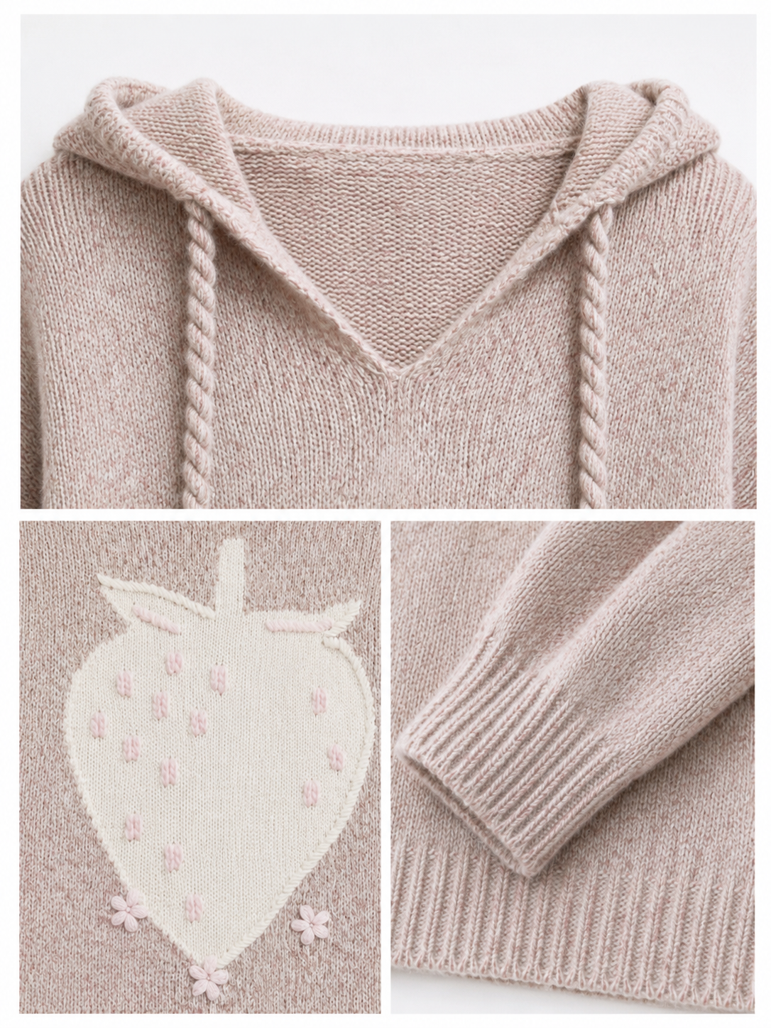 Cute Wool Hooded Sweater with Strawberry Embroidery – Soft Pink Knit Pullover for Women