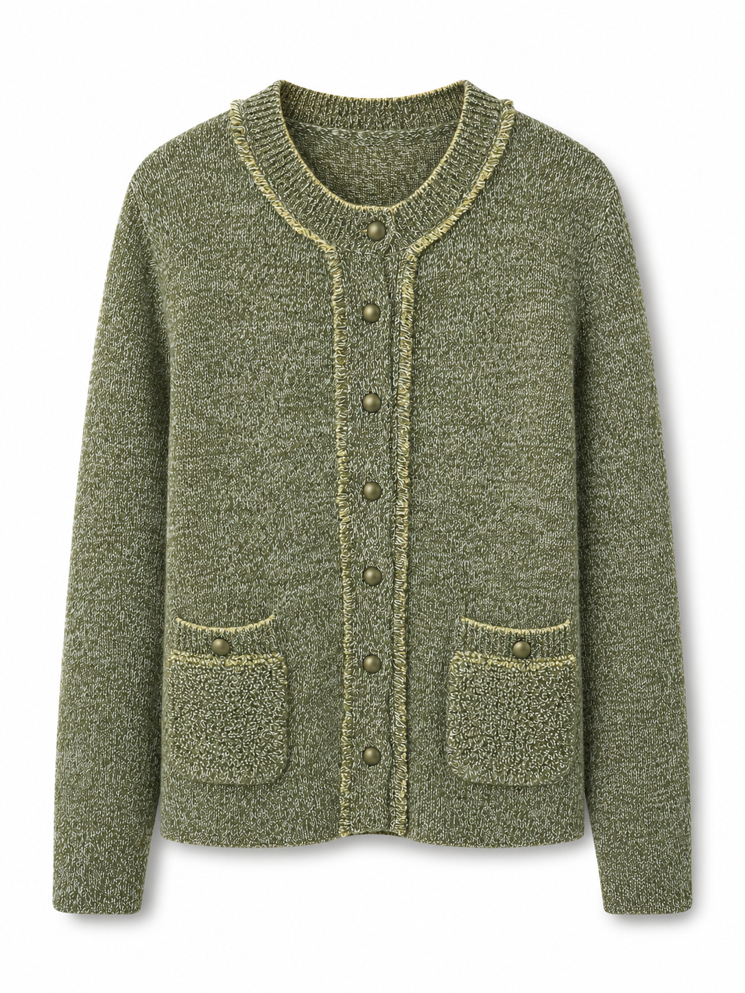 Luxury Wool Cardigan Sweater – Olive Green Minimalist Knit Jacket with Vintage Button Detail	