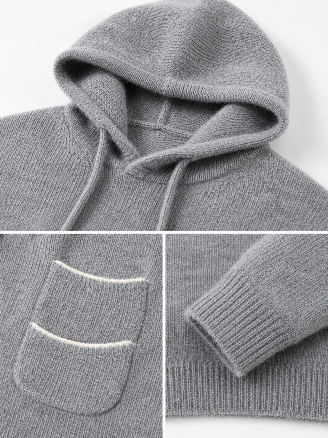 Soft Wool Hooded Sweater – Relaxed Grey Knit Pullover with Contrast Pocket