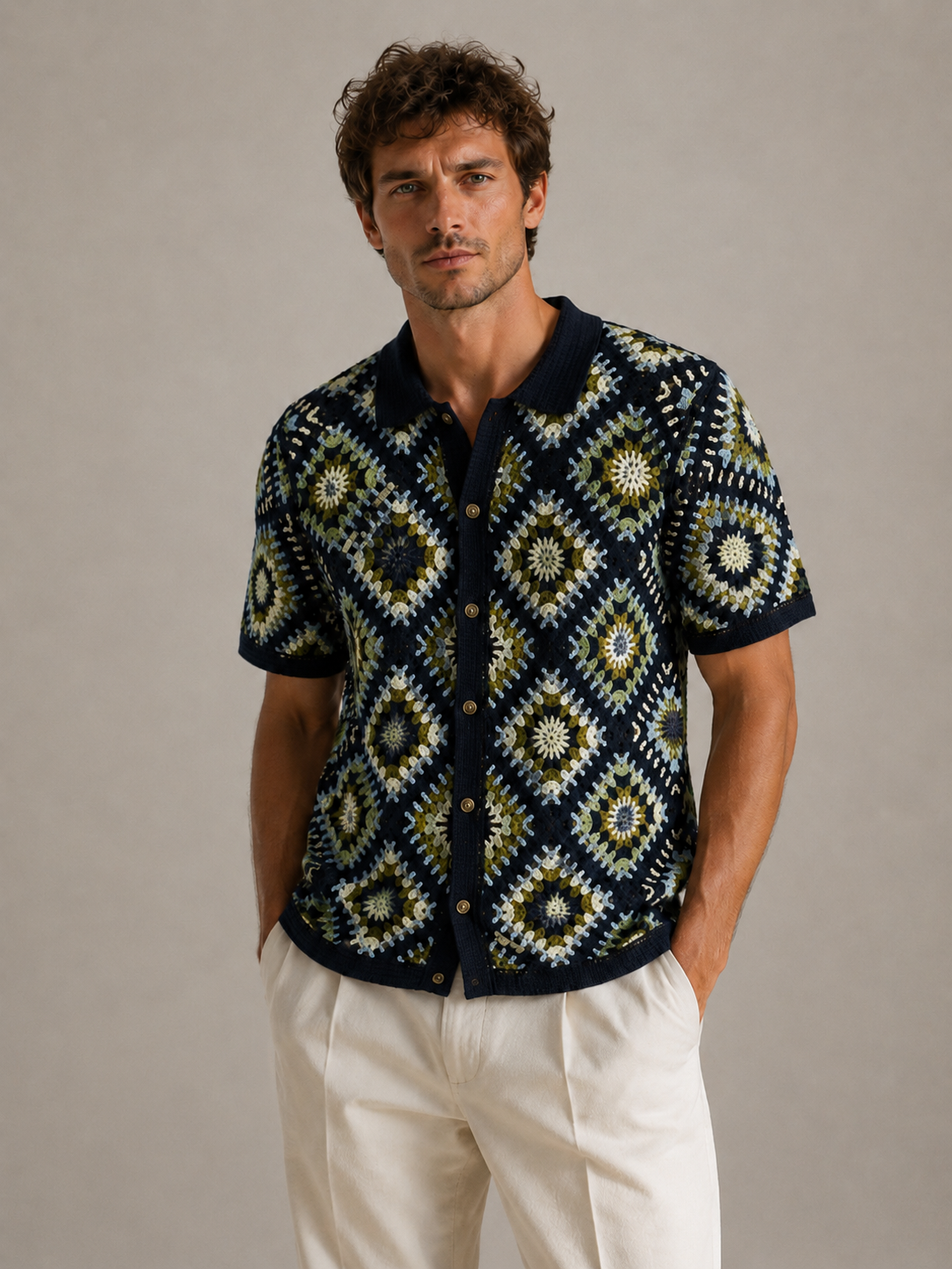 Summer Casual Short-sleeved Knit Cardigan for Men Color Blocking, Openwork Crochet Cardigan POLO
