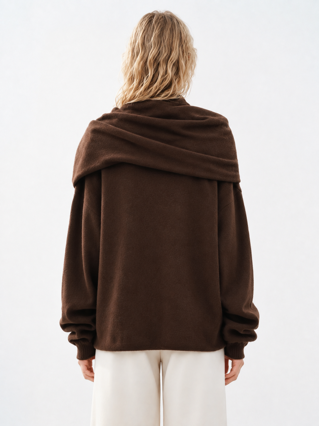 Dark Brown Women's Oversized Knit Sweater Asymmetric Draped Scarf Collar Long Sleeve Loose Pullover