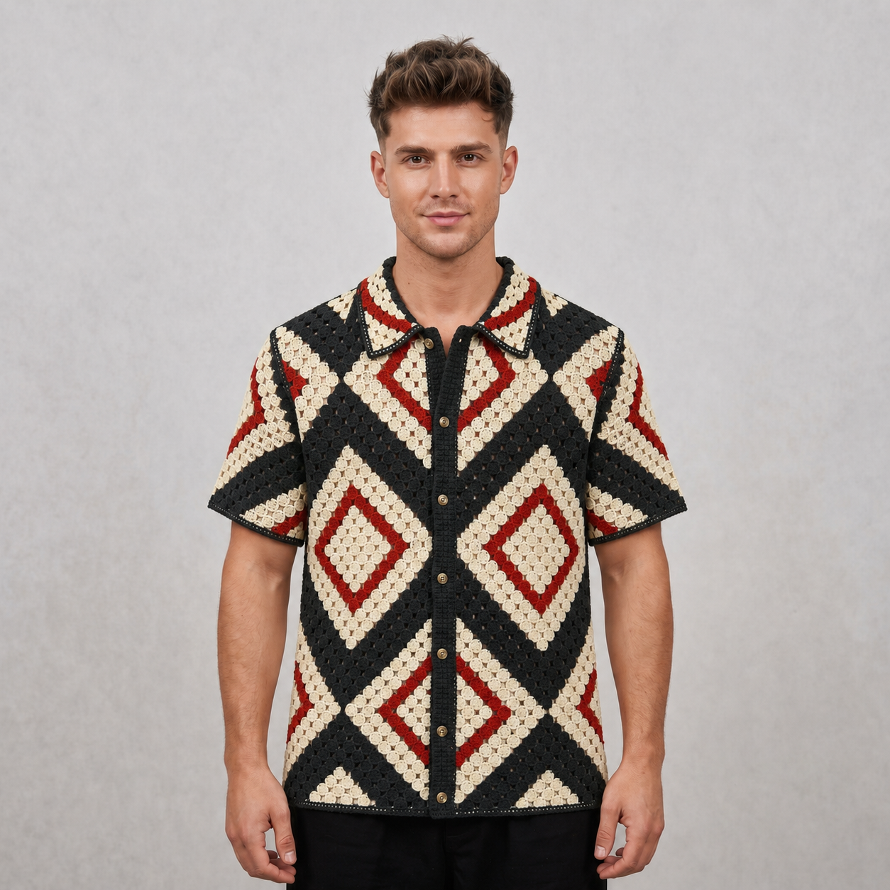 Vintage Geometric Crochet Knit Button-Up Shirt