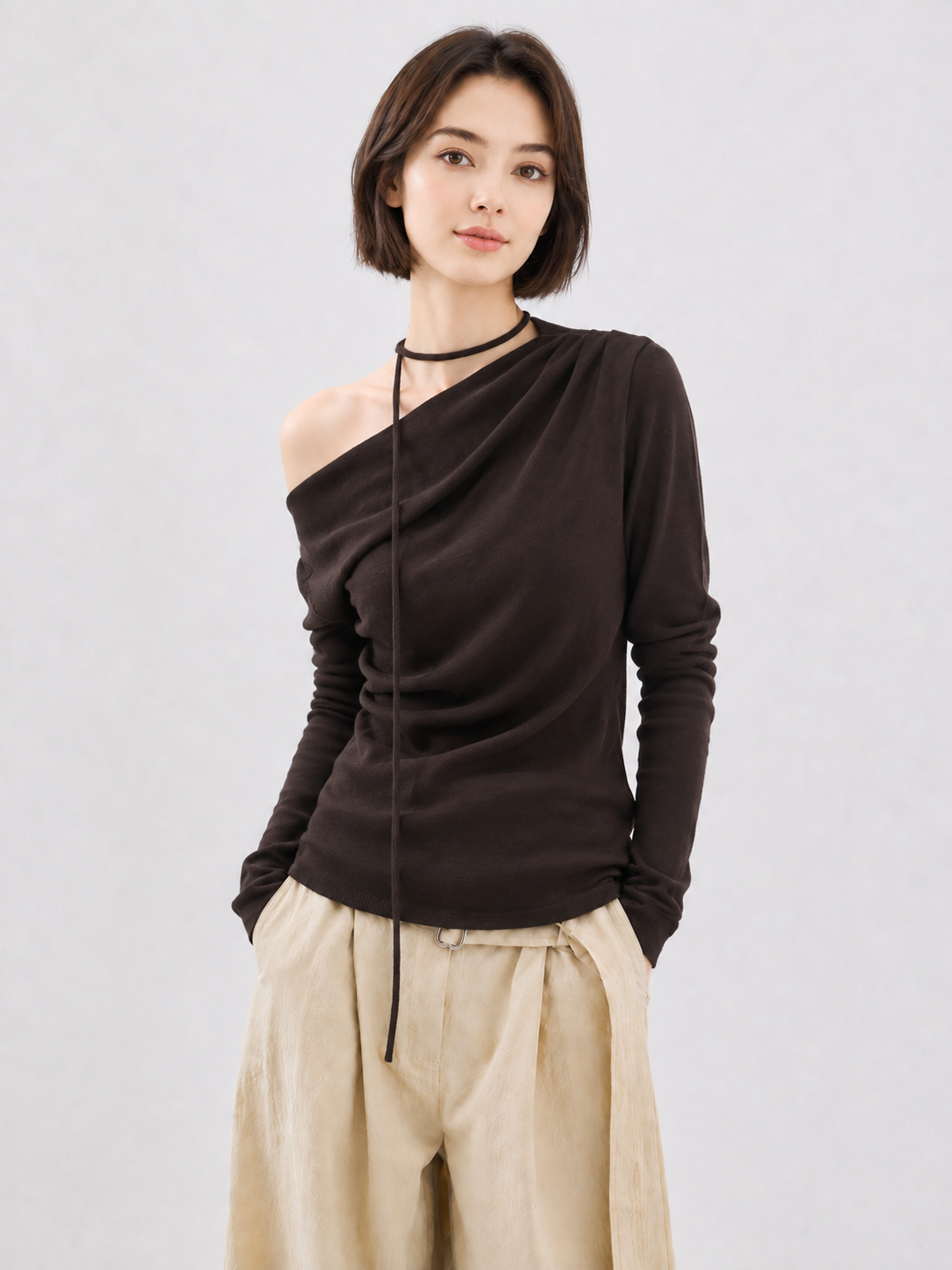 Women Asymmetric One Shoulder Long Sleeve Top Ruched Slim Fit Draped Blouse with Tie Strap for Autumn Fashion