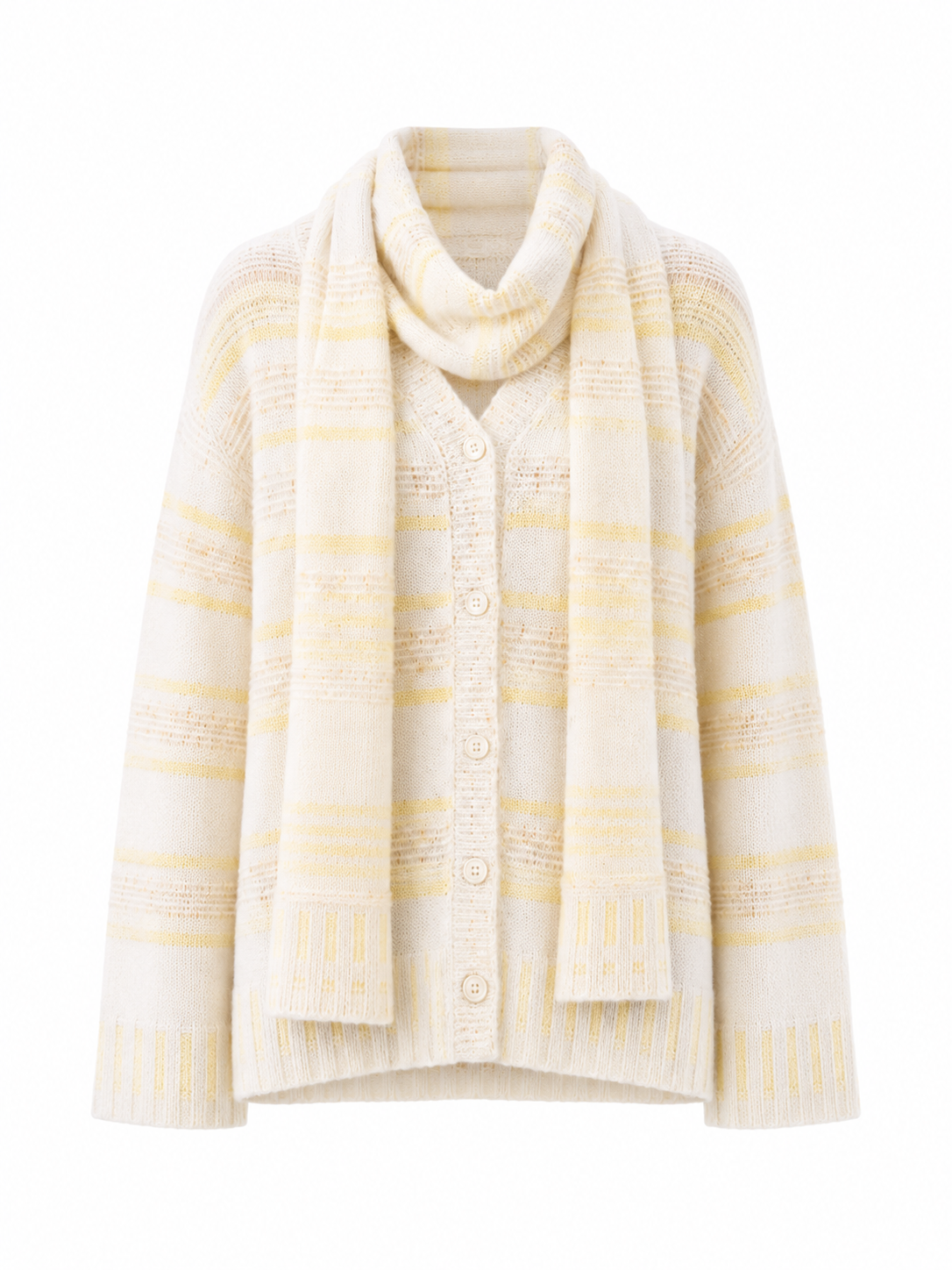Soft Wool Striped Cardigan & Scarf Set – Relaxed Cream Knit Sweater