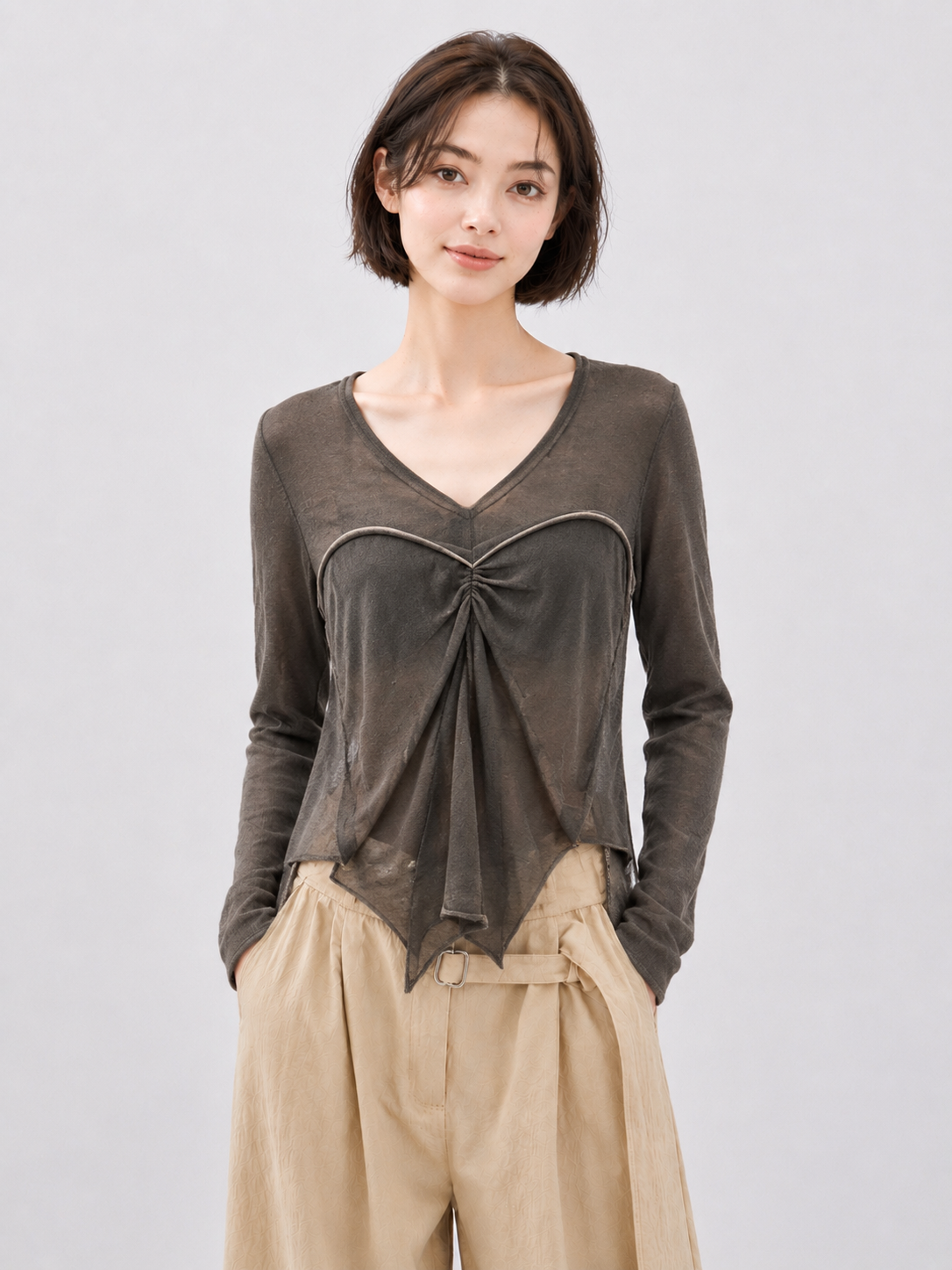 Women Twist Front Knit Top V Neck Long Sleeve Ruched Crop Sweater Slim Fit Washed Olive Grey Pullover Casual Layering Tee