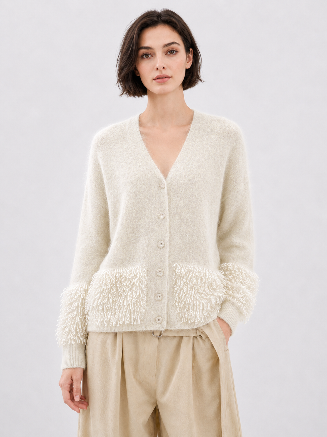 Women Wool Knit Cardigan V Neck Button Up Fuzzy Sweater Loop Fringe Pocket Cream Soft Knitwear for Autumn Winter