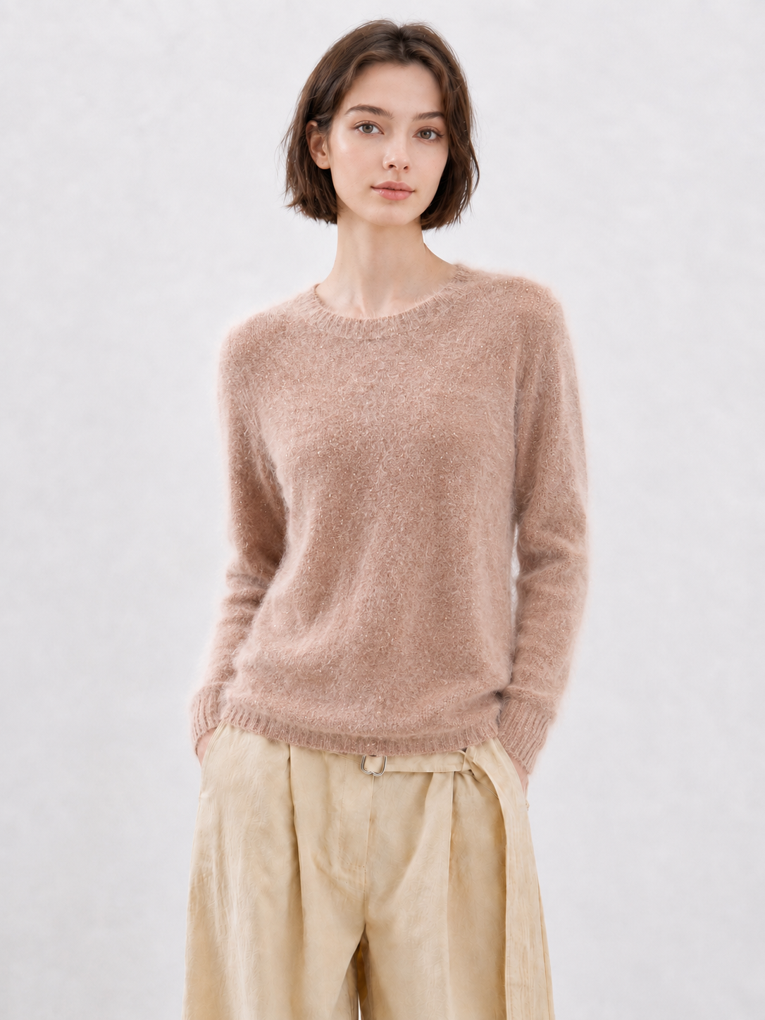 Women Wool Sweater Crew Neck Fuzzy Knit Pullover Sequin Glitter Jumper Pink Soft Knitwear for Autumn Winter Party
