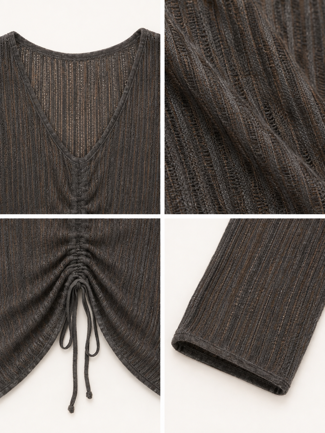 Women Drawstring Ruched Knit Top V Neck Flare Bell Sleeve Sheer Ribbed Sweater Slim Fit Pullover Charcoal Grey Crop Top