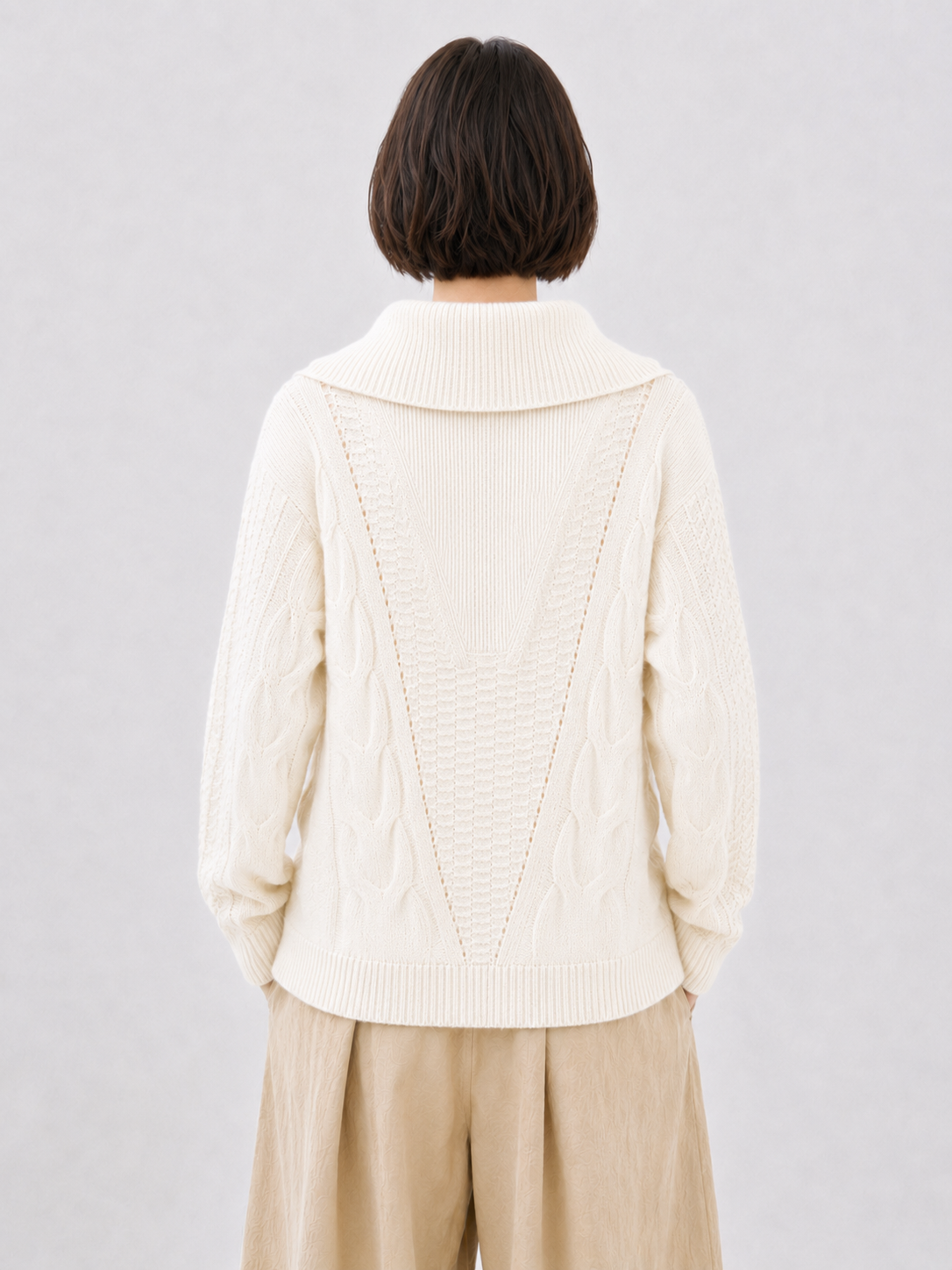 Women Half Zip Cable Knit Sweater Oversized Lapel Collar Pullover Drop Shoulder Chunky Twist Jumper Ivory Casual Knitwear