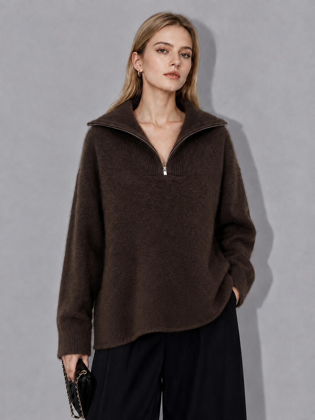 Womens Half Zip Sweater Oversized Lapel Collar Knitted Pullover Ladies Long Sleeve Autumn Winter Knit Jumper Top Knitwear