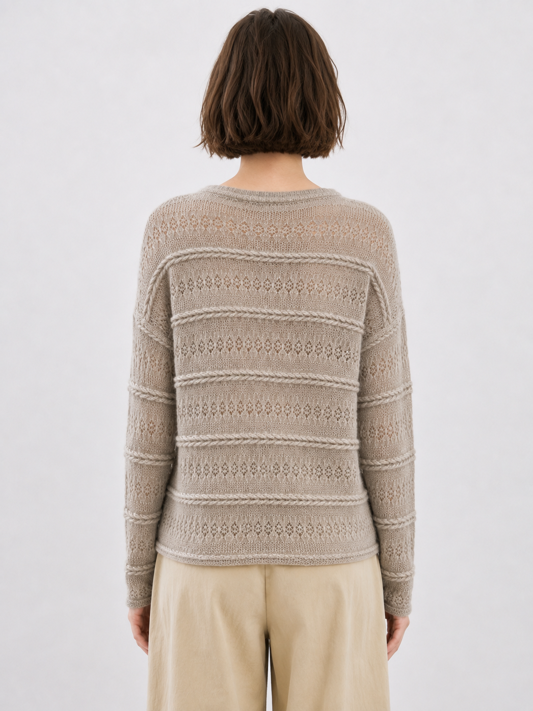 Quiet Luxury Pointelle Knit Sweater Women Oatmeal Hollow Out Striped Mohair Blend Crew Neck Loose Fit Pullover Jumper