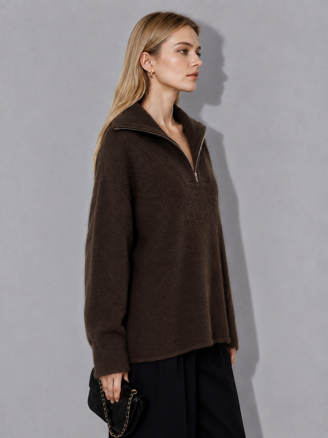 Womens Half Zip Sweater Oversized Lapel Collar Knitted Pullover Ladies Long Sleeve Autumn Winter Knit Jumper Top Knitwear