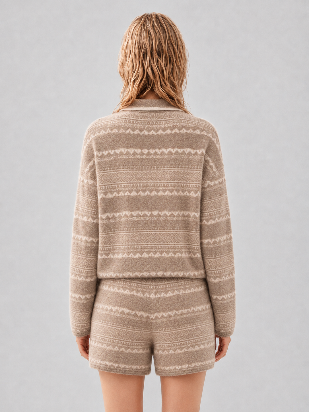 Women Fair Isle Knit Two Piece Set Polo Collar Button Sweater and Drawstring Shorts Beige Jacquard Lounge Outfit