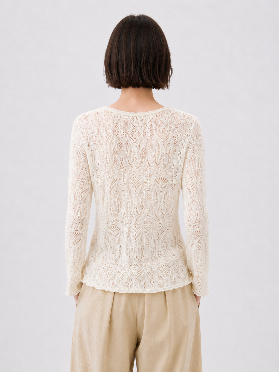 Women Pointelle Lace Knit Top Long Sleeve Sheer Crochet Pullover Round Neck Lightweight Openwork Sweater Ivory Layering Top
