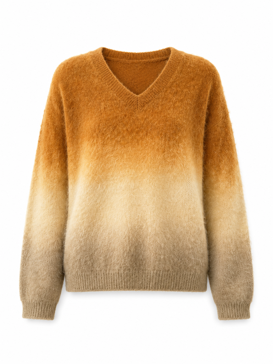 Ombre Gradient Mohair Sweater Women Caramel Fuzzy Knit V Neck Oversized Dip Dye Pullover Fluffy Jumper Drop Shoulder