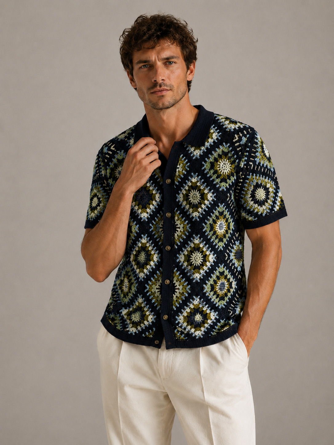 Summer Casual Short-sleeved Knit Cardigan for Men Color Blocking, Openwork Crochet Cardigan POLO