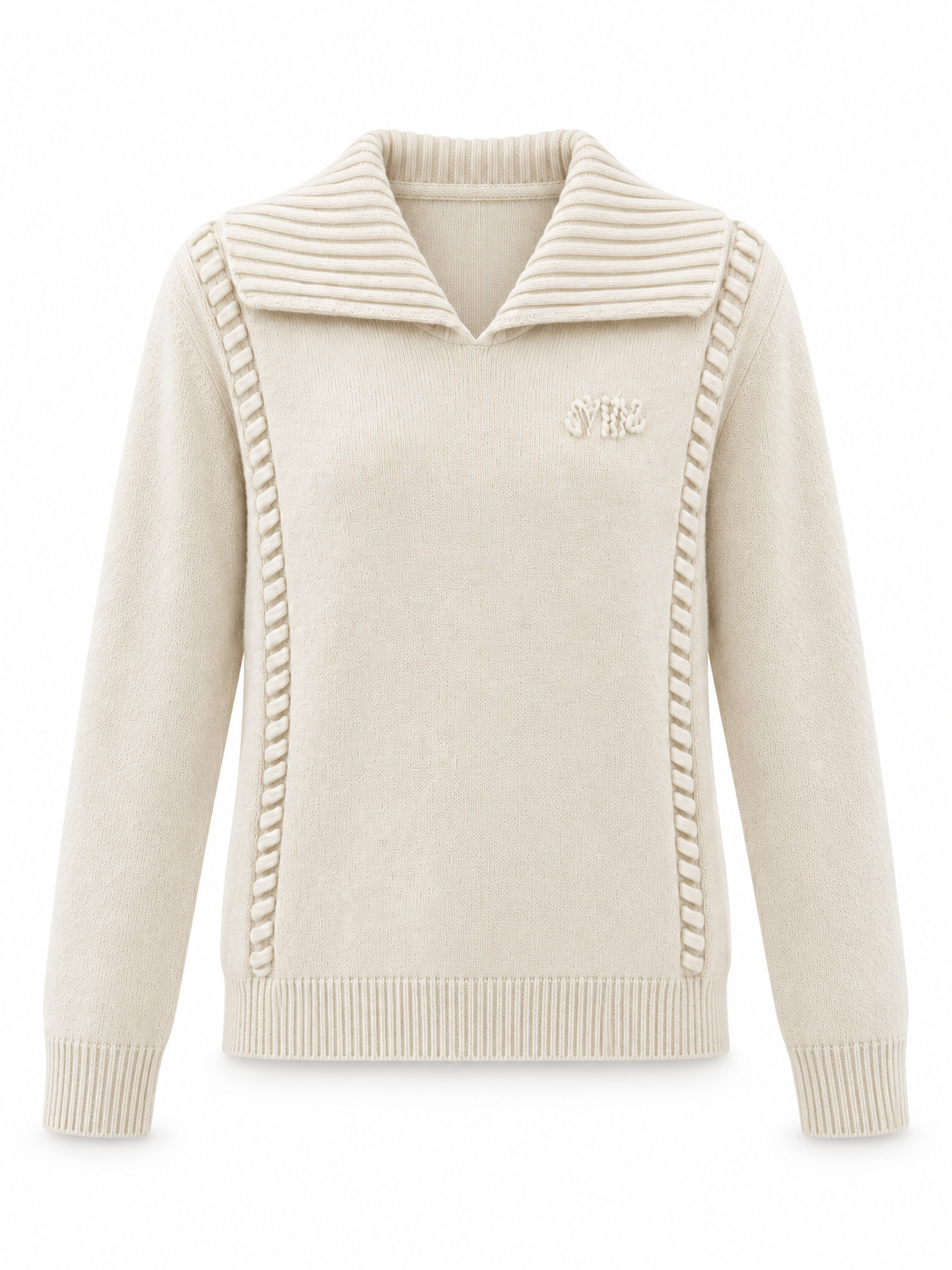 Women's V Neck Knit Sweater Wide Collar Long Sleeve Pullover with Contrast Braided Trim Relaxed Fit Casual Jumper